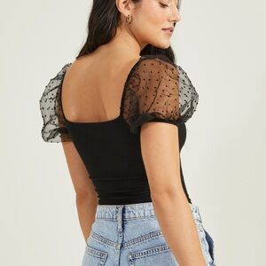 Boutique black mesh Swiss dot top